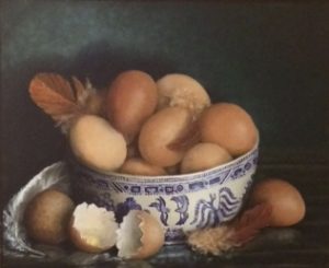 Still Life in oil Eggs in Willow Pattern Bowl