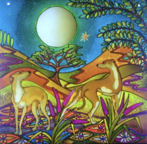 Hand Painted Glass Panel 'Whippets Under a Full Moon'
