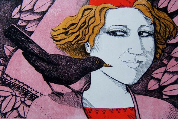 Limited edition etching - Girl with blackbird
