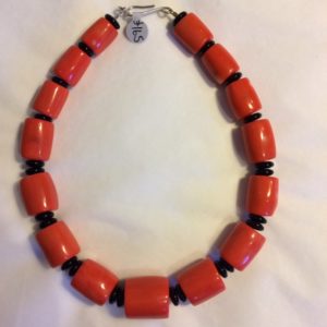Necklace in Orange Dyed Red Sea Bamboo with Onyx