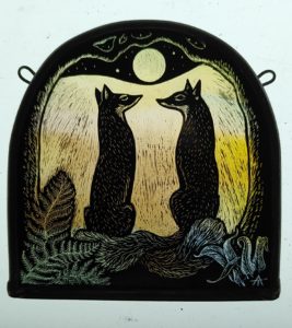 'Full Moon Foxes Stained Glass Panel