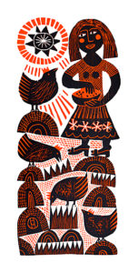 Original Woodcut Feeding The Chickens