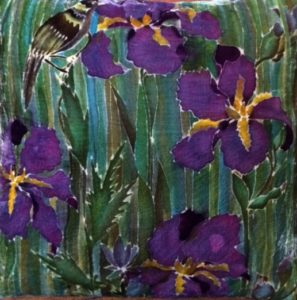 Hand painted silk velvet Iris cushion