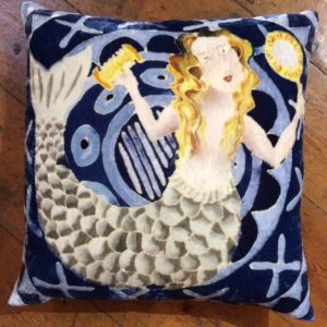 Hand painted silk velvet Mermaid Cushion