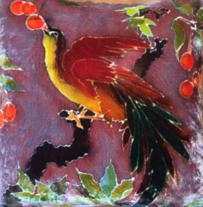 Hand painted silk velvet bird cushion