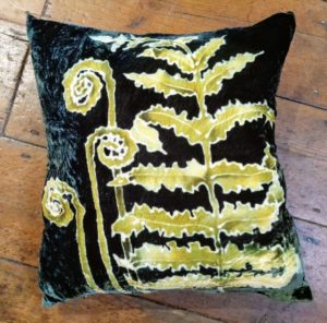 Hand painted silk velvet Fern cushion