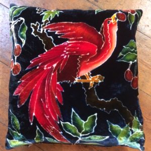 Hand painted silk velvet cushion Red Cherry Bird