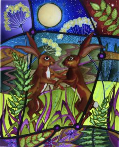 Hand Painted Glass Panel 'Boxing Hares'