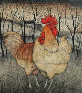 Original pen, ink and coloured pencil 'Roosters'