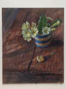 'Primroses in Blue & White Pot