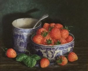 Still Life in oil on board 'Strawberries in Willow Pattern Bowl'