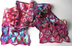 Hand dyed silk and merino wool scarf with vintage silk fabrics 'Jewel Jigsaw'