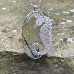 Silver Seahorse Pendant over Prehinite