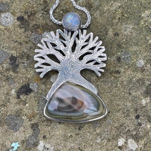 Silver Tree Pendant with Jasper & Moonstone