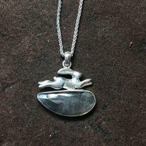 Silver Pendant ‘Leaping Hare’ with Sapphire
