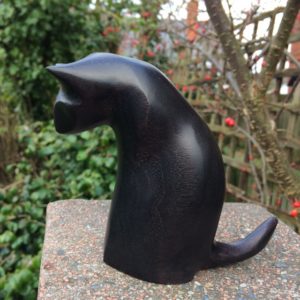 Hand Carved Wood Sculpture Cat Peering