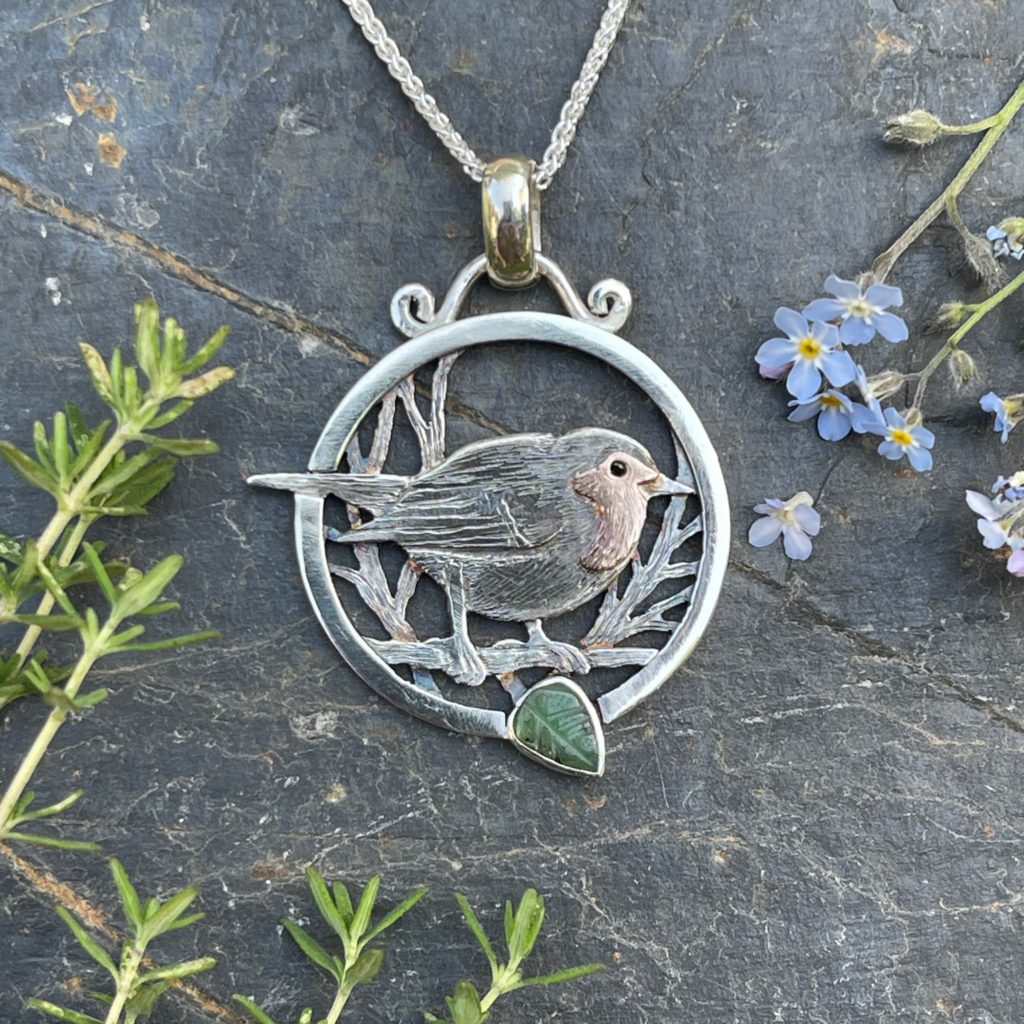 Robin with Emerald Leaf and Rose Gold 