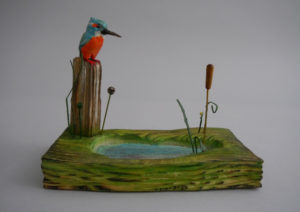 Hand Carved Wood  ‘Kingfisher and Pond’