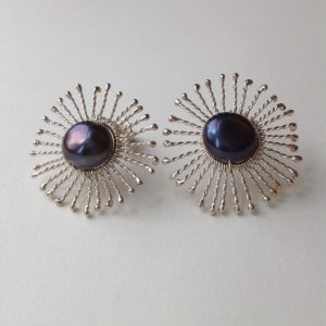 Silver Sunstar Stud Earrings with large peacock freshwater pearls