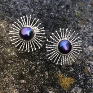 Silver Sunstar Stud Earrings with large peacock freshwater pearls