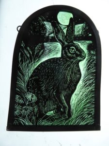 '“Stained Glass Panel   Moonlit Meadow Hare"