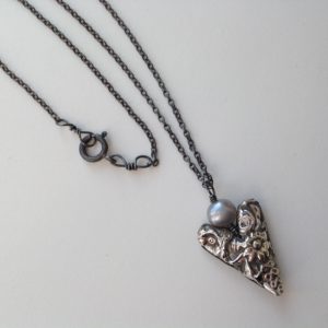 Silver Heart necklace on oxidised chain with grey fresh water pearl.