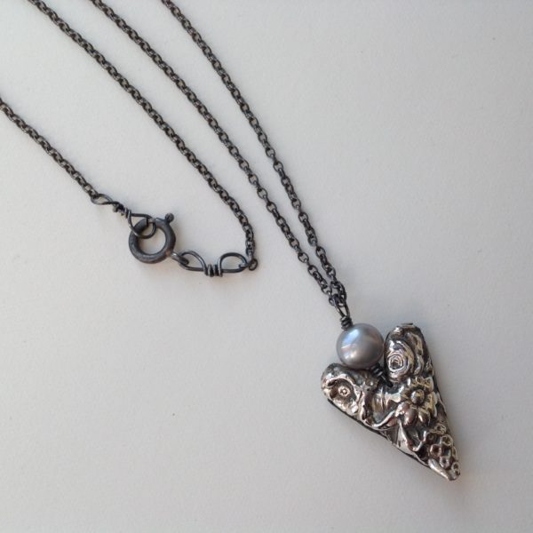 Silver Heart necklace on oxidised chain with grey fresh water pearl.