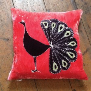 Hand Painted Silk Velvet Cushion Peacock