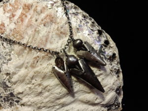 Silver 3 Hearts Necklace,  dark grey fresh water pearl, amethyst