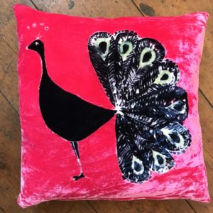 Silk Velvet Peacock Cushion in Pink