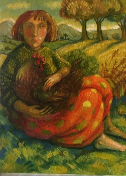 Oil on Board -  Sitting Girl with Hen
