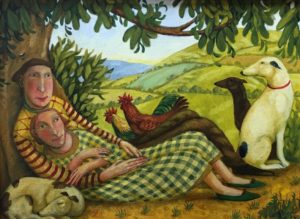 Oil on Canvas  Couple  Resting with Chickens