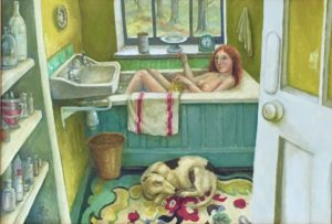 Oil on Canvas   Yellow Bathroom with Green Bath