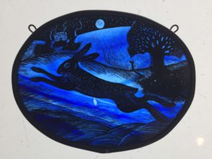 ‘”Stained Glass panel Blue Moonlit Hare”