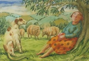 Original Watercolour Resting with Sheep and Dog
