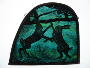”’Stained Glass panel Boxing Hares”