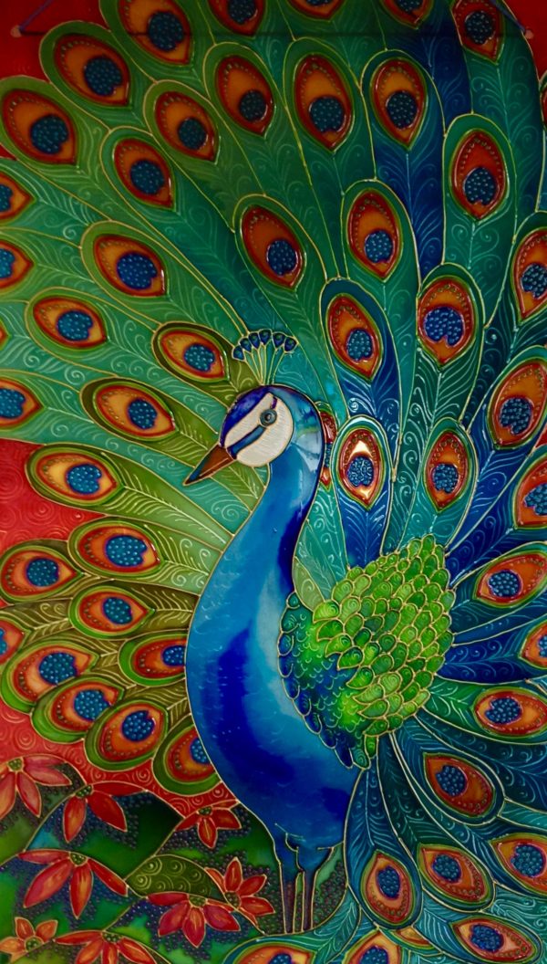 Hand Painted Glass Panel ‘Peacock’ - Old Chapel Gallery