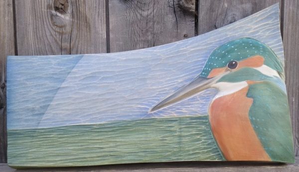 'Kingfisher Waiting' Relief Wood Carving