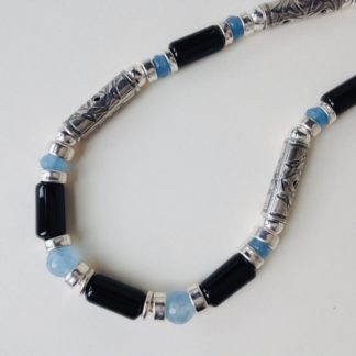 Onyx and Aquamarine Silver Necklace