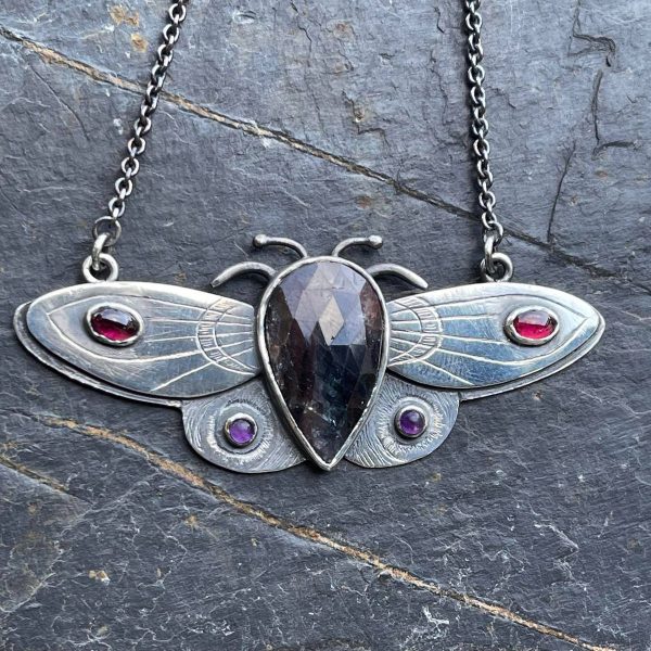 'Silver Moth Pendant with Sapphire Body'  