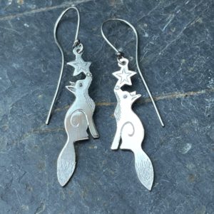 Fox Earrings with Black Diamond Eyes 