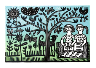 ‘2 Girls Under a Tree’ Linocut