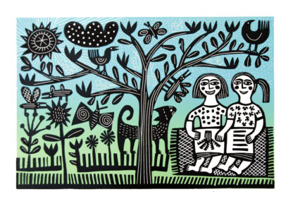 ‘2 Girls Under a Tree’ Linocut