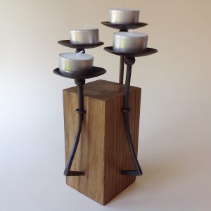 Forged Iron Candle Holder on Oak