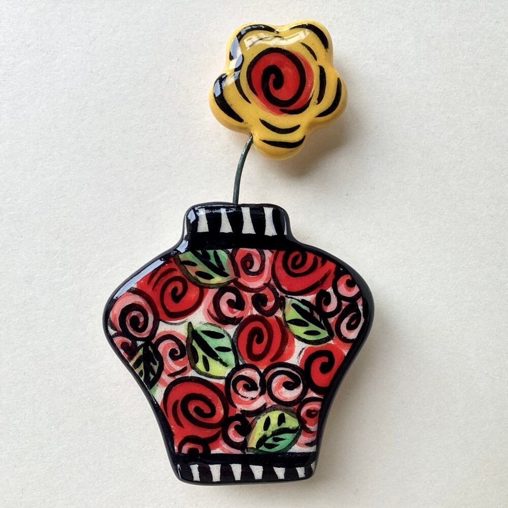 ‘Red Rose Flower Vase’ Brooch