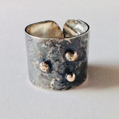 Oxidised Silver Ring with 3 Gold Dots