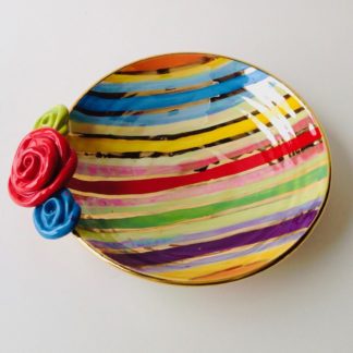 Shallow Striped Dish with Rose