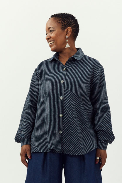 'Cumbria Shirt Indigo Pinstripe Linen'