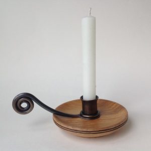 Oak and Forged Iron Candleholder