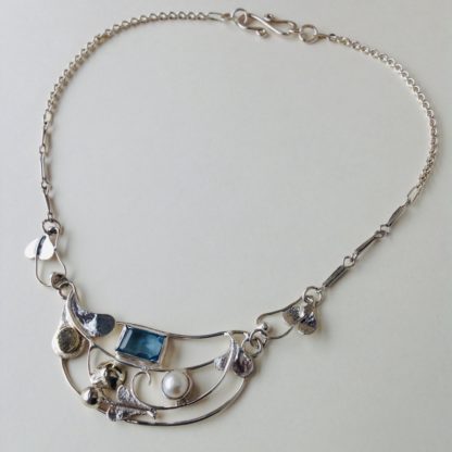 ‘Silver, Gold, Aquamarine & Pearl Necklace’